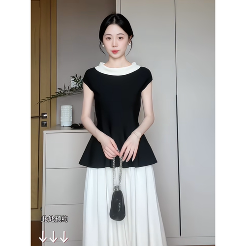 parkyeon法式优雅风翻领荷叶边上衣女夏季高腰A字花苞半身裙套装