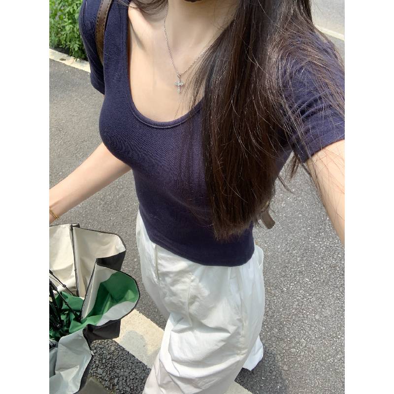 多巴胺正肩U领短袖t恤女夏季新款辣妹露锁骨修身显瘦基础短款上衣
