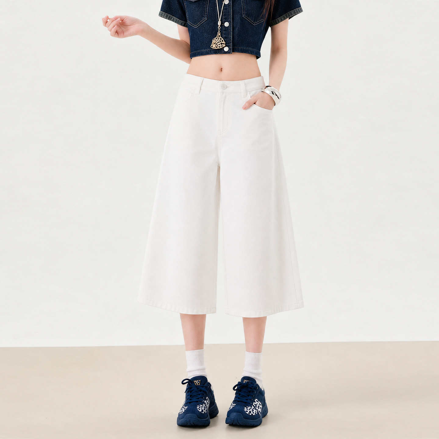 休闲阔腿牛仔短裤女夏七分裤