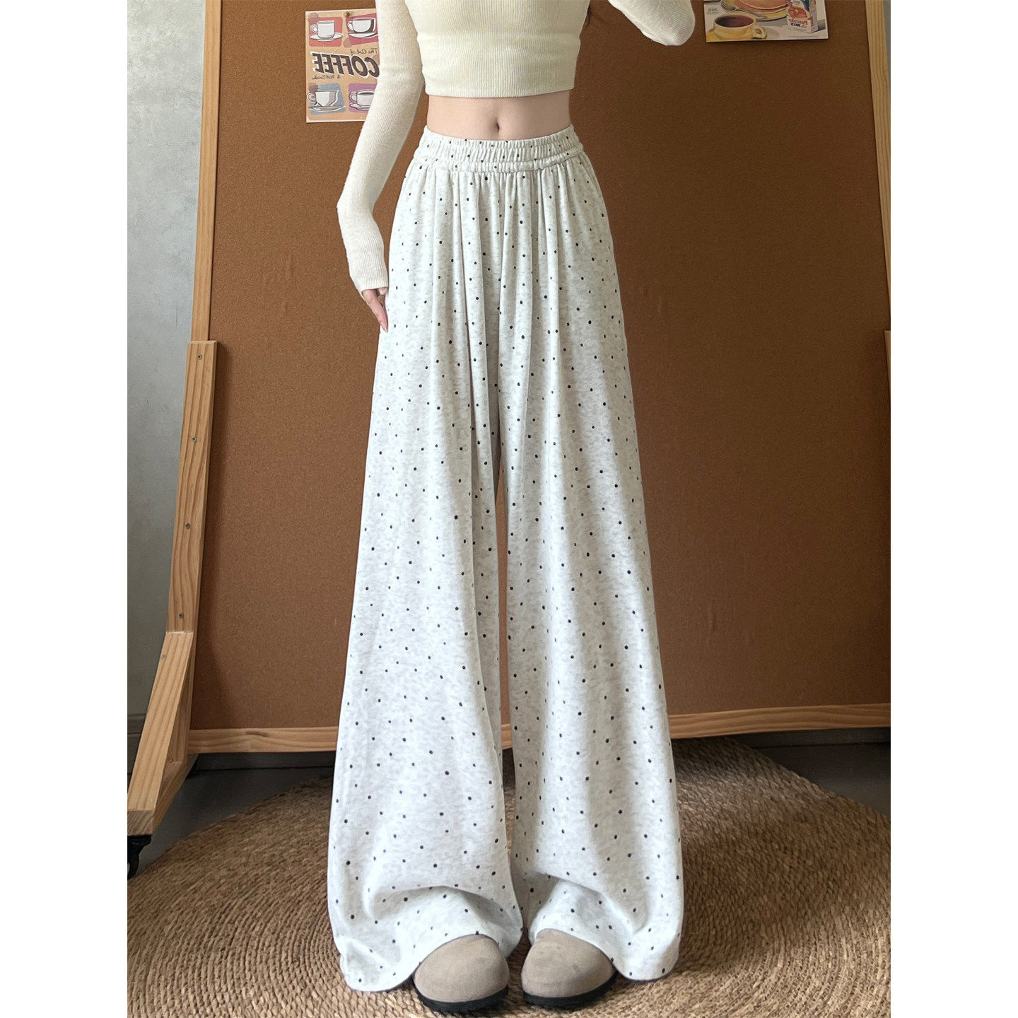 韩式白灰色波点糯米裤宽松显瘦女