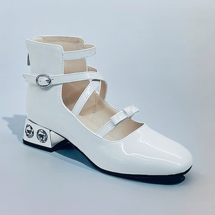 女童银色漆皮水钻宝石粗跟玛丽珍高帮单鞋儿童模特走秀比赛小黑鞋