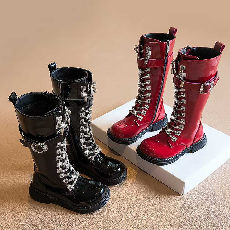 女童黑色红色亮漆皮平底马丁靴水钻高筒靴儿童模特走秀比赛表演鞋