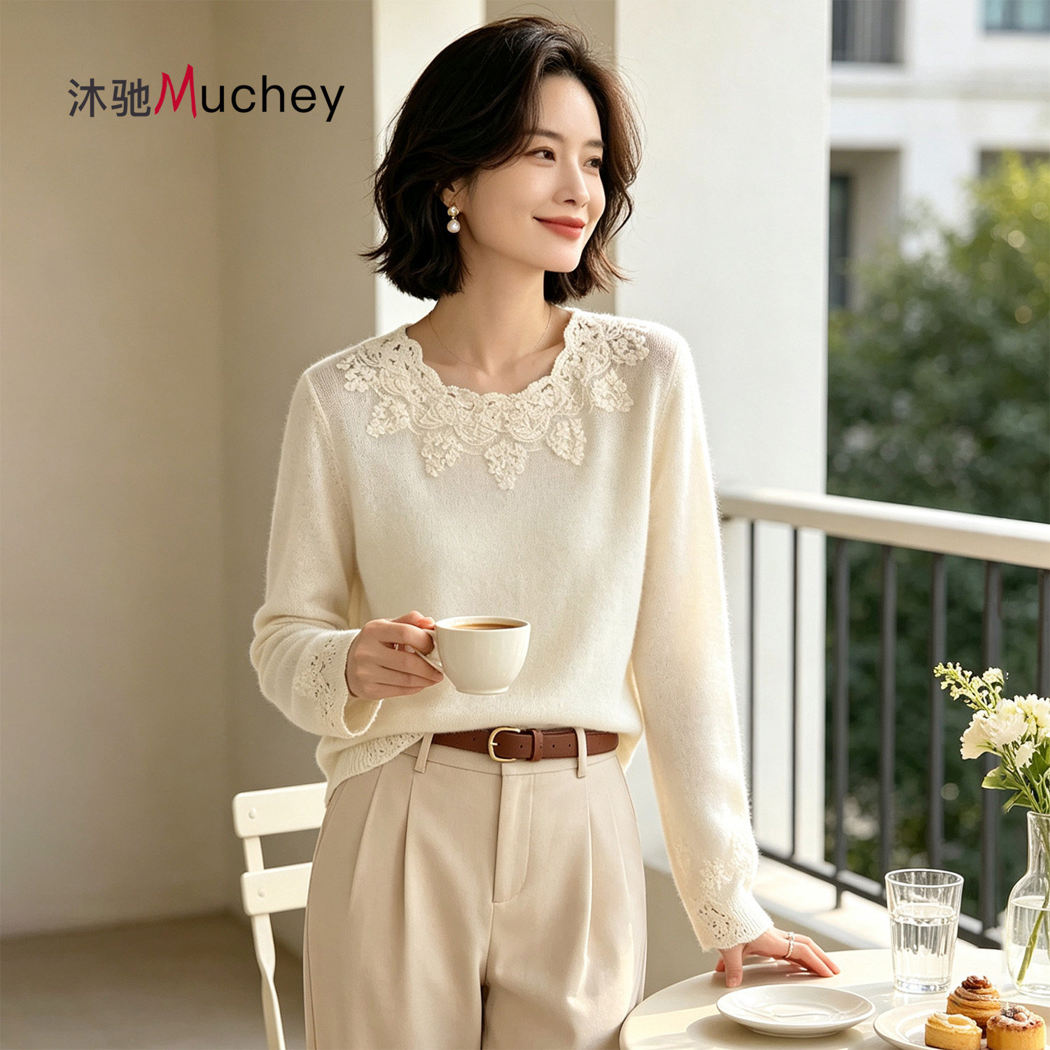 韩系蕾丝花朵100%山羊绒女羊绒衫