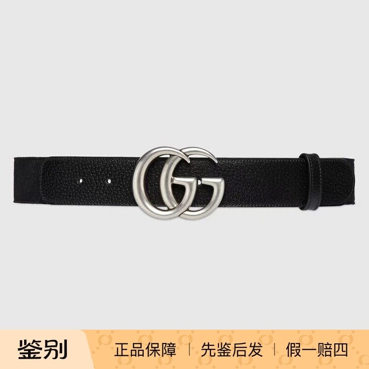 Gucci/古驰 复古银标黑色帆布拼皮腰带 4CM宽 百搭  男士正品皮带