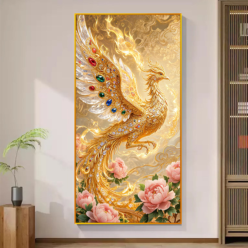 中式凤凰牡丹花开玄关墙面十字绣线绣2026新款花开富贵手工绣满绣