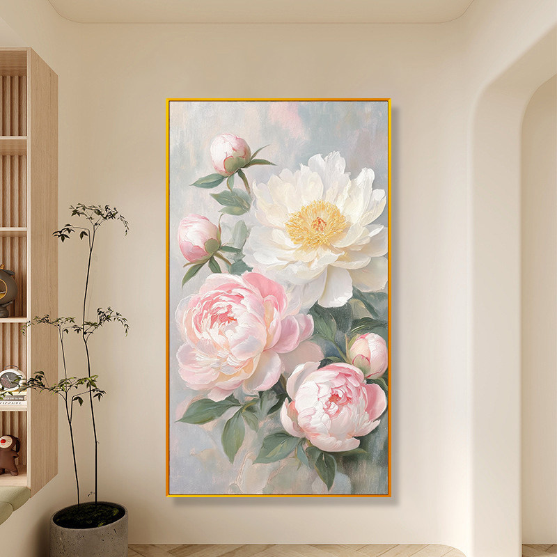 油画风花开富贵手工绣线绣2026牡丹花开印花绣玄关墙十字绣满绣