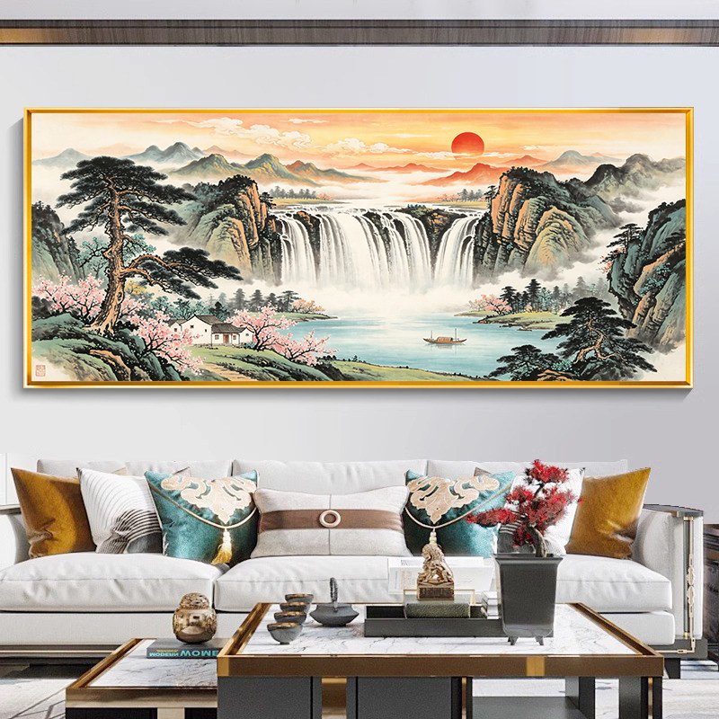中式聚宝盆山水风景十字绣2026新款水墨风客厅沙发背景墙满绣线绣