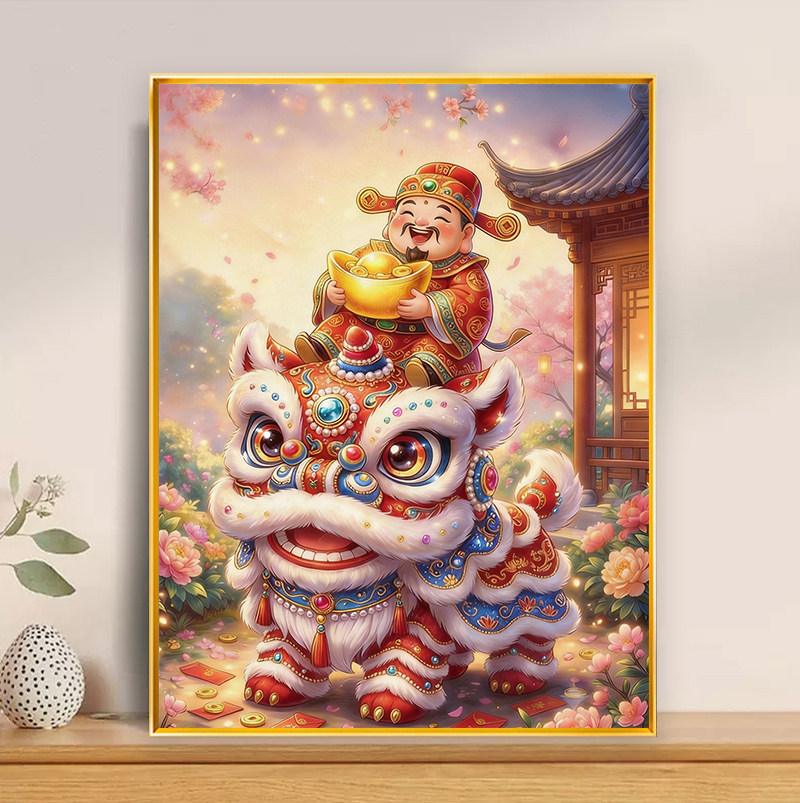 中式喜庆醒狮财神到十字绣线绣2026新款招财进宝小尺寸手工绣满绣