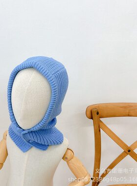 甄选韩风儿童针织连体帽子围巾 冬季纯色保暖童女童毛线帽围脖套