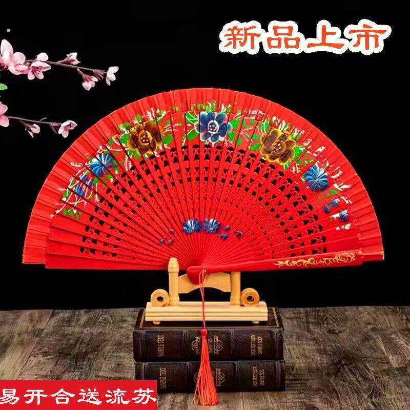 旗袍走秀专用扇子折扇古风旗袍走秀扇子舞蹈扇开合顺畅大红色双面