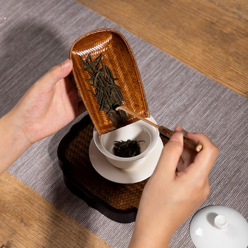 手工竹编茶则 大漆茶铲小簸箕 竹制赏茶荷 复古风醒茶茶道零配件