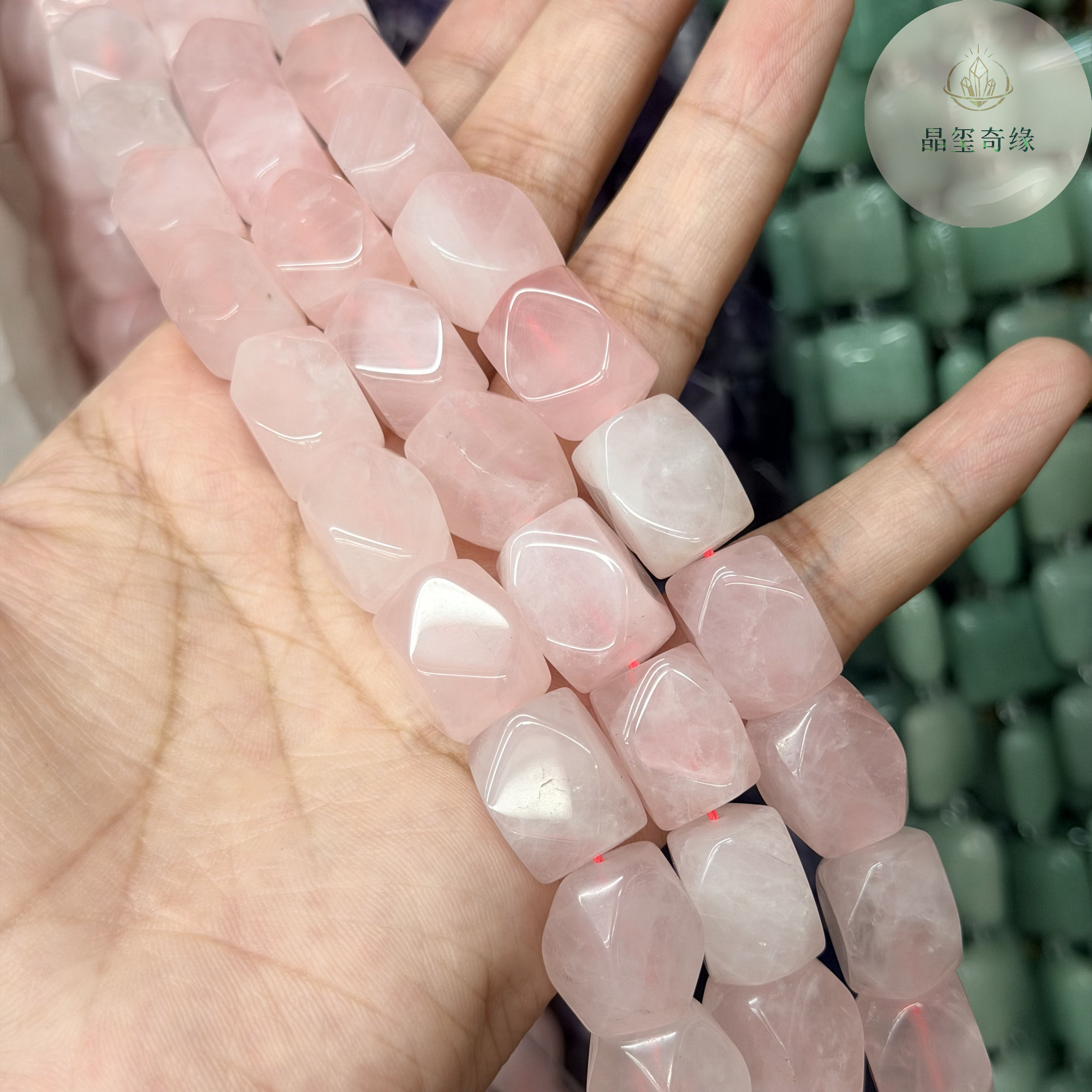 天然粉水晶多面切角散珠DIY