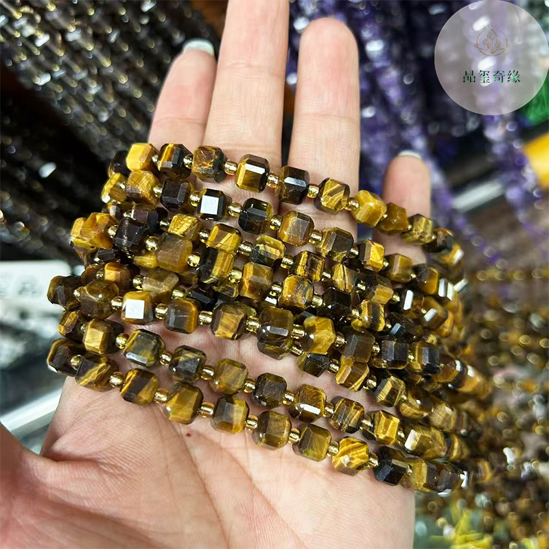 6-8mm天然黄虎眼刻面方糖散珠虎眼石半成品diy手链项链饰品配珠