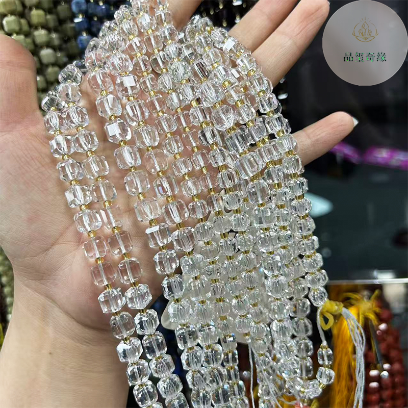 6-8MM天然白水晶切面方糖散珠半成品diy项链手链串珠手串饰品配珠