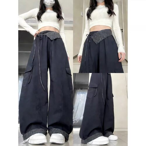 藏青色格子屁帘工装裤女夏季2026新款宽松bf慵懒风高腰窄版弯刀裤