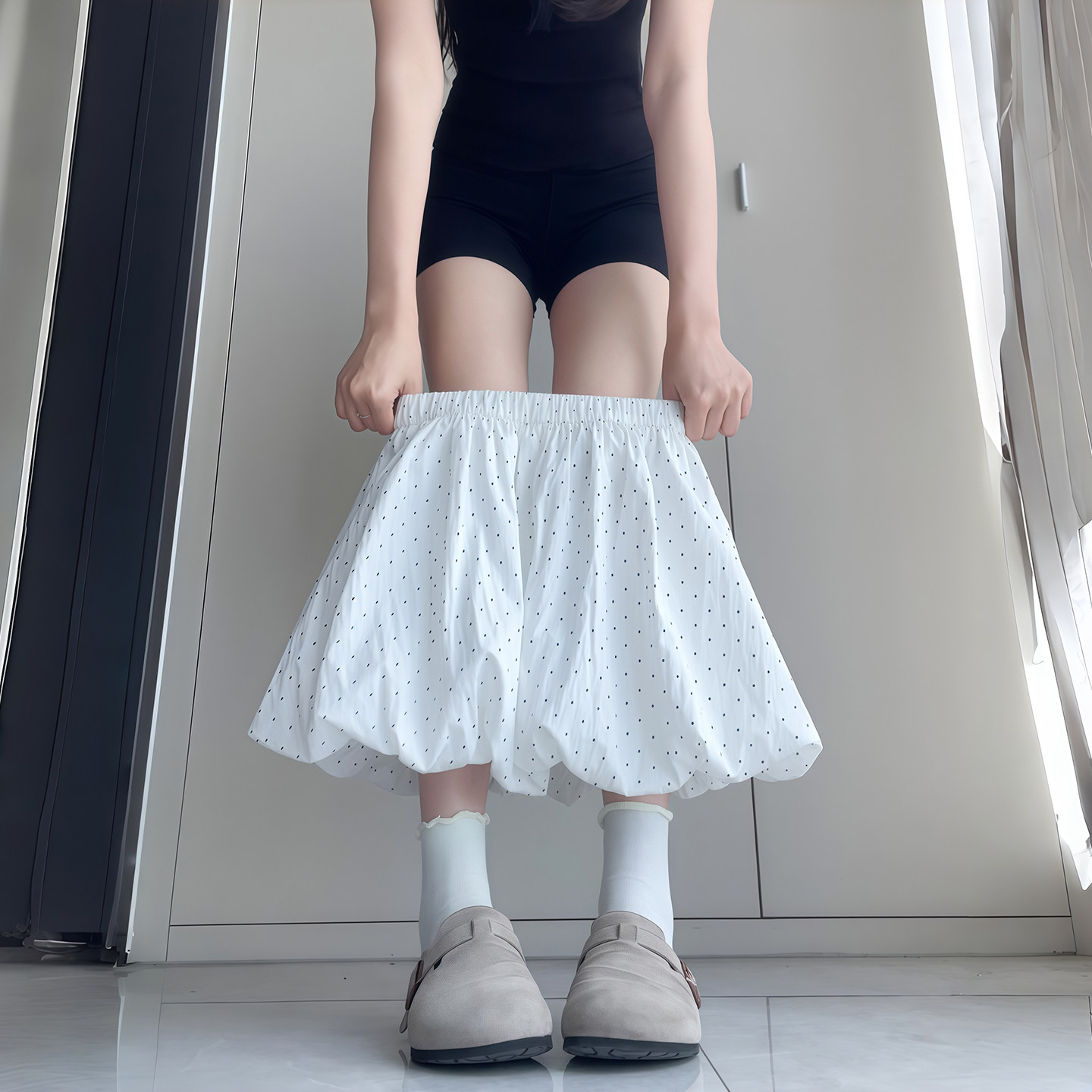 白色韩版波点半身裙女夏季2026年新款甜美花苞裙宽松显瘦蓬蓬裙子