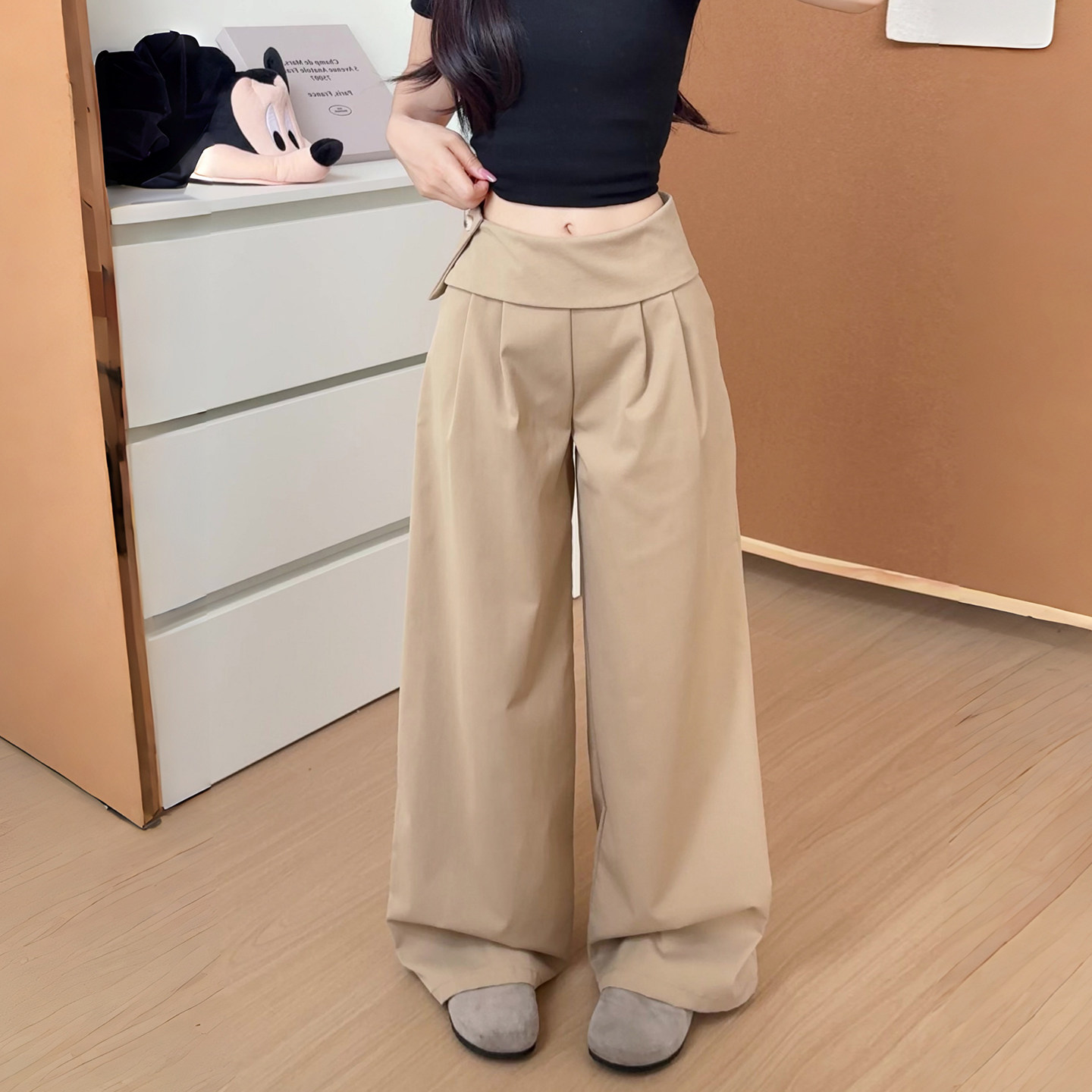 卡其色西装阔腿裤女夏季薄款低腰垂感宽松直筒裤小个子韩系屁帘裤