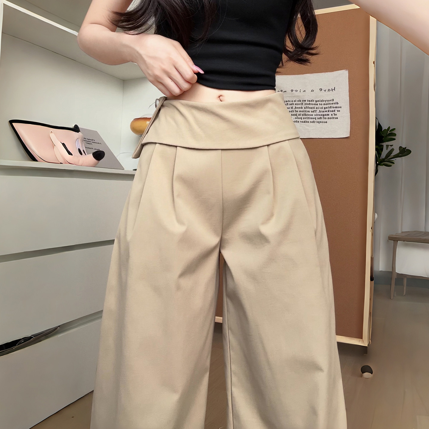 卡其色西装阔腿裤女夏季薄款低腰垂感宽松直筒裤小个子韩系屁帘裤