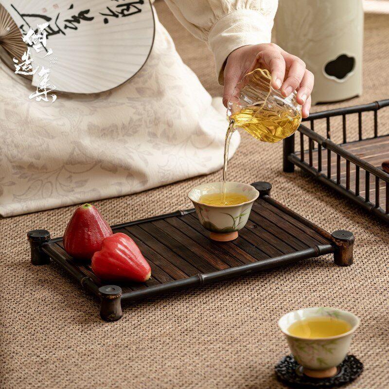 紫竹茶盘长方形茶托茶杯架竹干泡台中式复古功夫茶具收纳盘