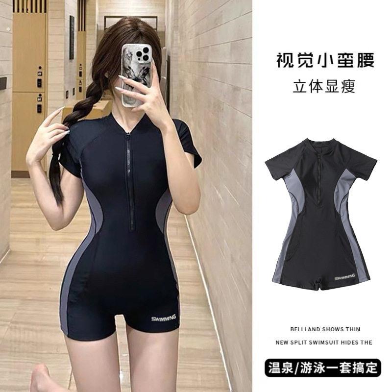 连体泳衣女款平角拼色高级感2026新款运动竞速显瘦保守游泳馆专用