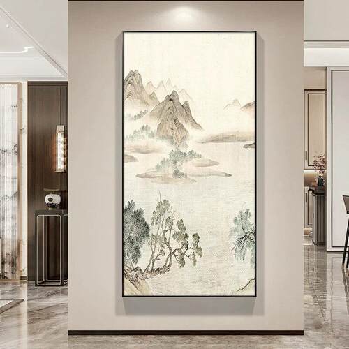 山水画入户玄关装饰画新中式大厅走廊过道挂画竖版茶室壁画国画