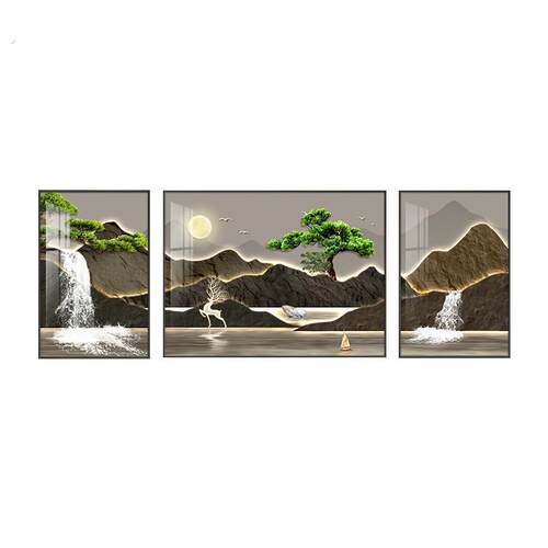背有靠山客厅装饰画新中式沙发背景墙三联挂画高级感山水风景壁画
