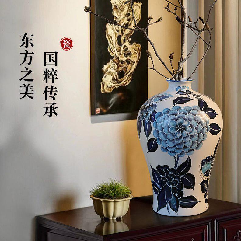 甄选新中式青花瓷花摆件玄关客厅插花大肚纳福大号手绘陶瓷装饰轻