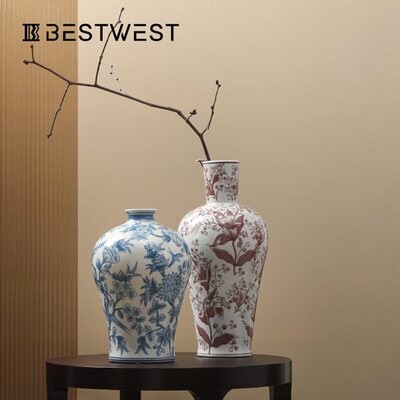 甄选博西家居中式复古彩绘青花瓷陶瓷花摆件家居软装陶花器装饰品