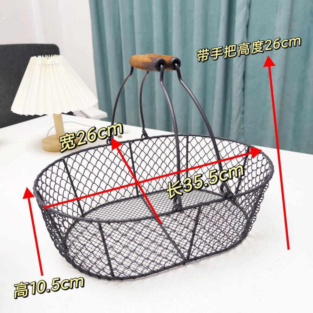 铁艺收纳篮子原木手柄复古铁线篮杂物篮多功能筐家用手工编织篮