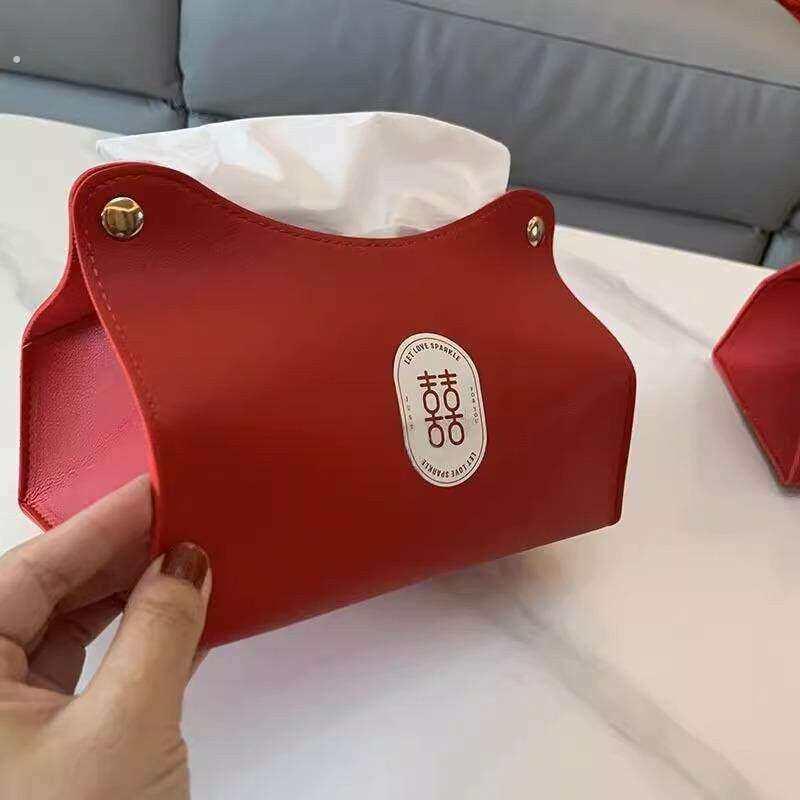 客厅收纳纸巾盒复古红色囍纸巾套创意装饰卫生纸盒结婚礼婚房感