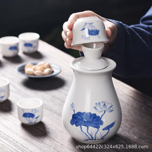 甄选温酒壶陶瓷酒具花款一壶六杯白酒杯烈酒分酒器可定 制LOGO