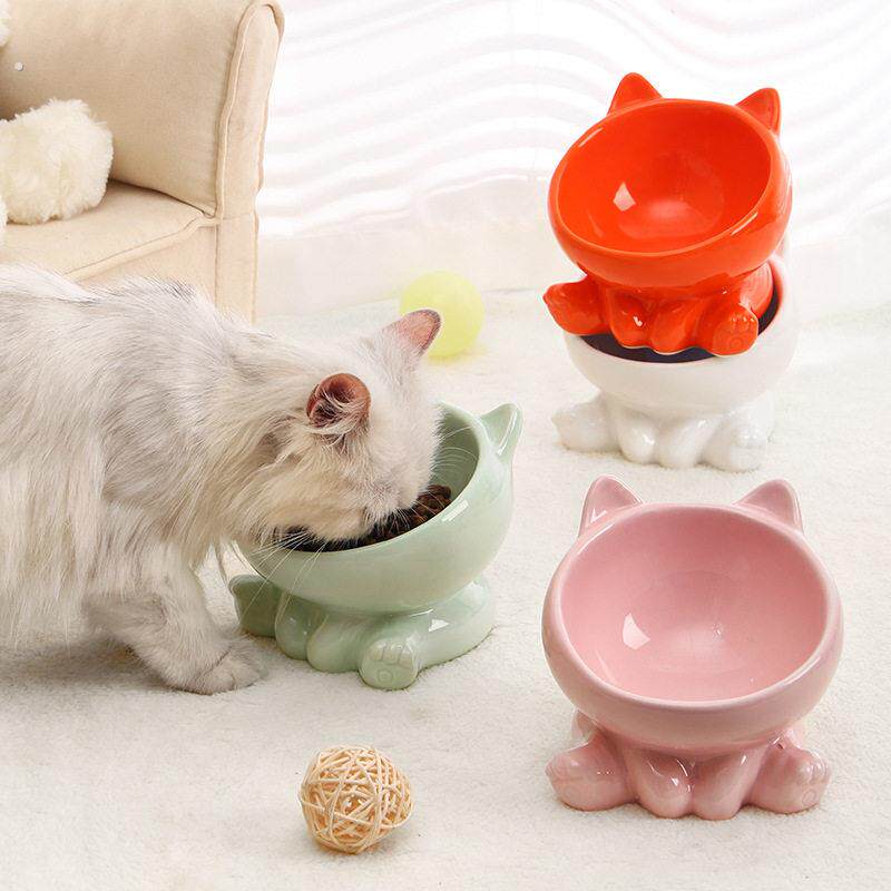 猫咪食盆黑色陶瓷猫碗斜口高脚可爱保护颈椎狗碗饮水猫盆防黑下巴