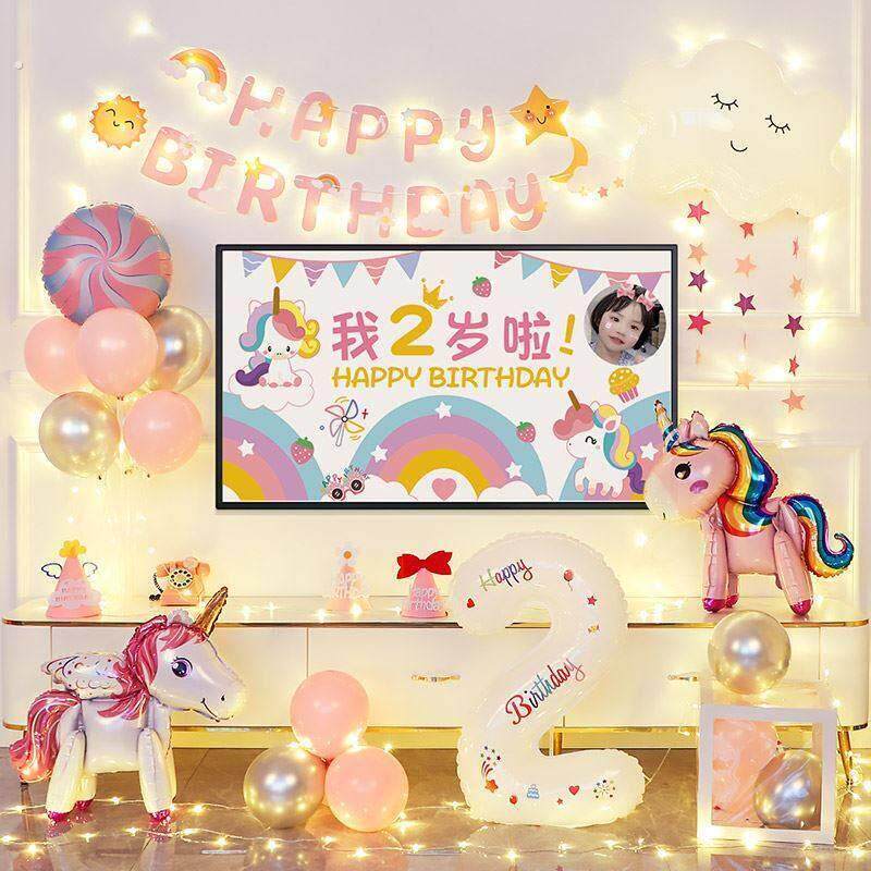 女童生日派对布置装饰品场景一周岁女宝宝电视投屏两岁女孩