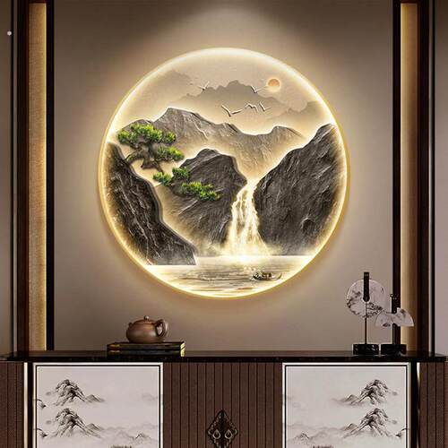 新中式入户门玄关装饰画流水生财圆形山水挂画寓意好走廊过道壁画