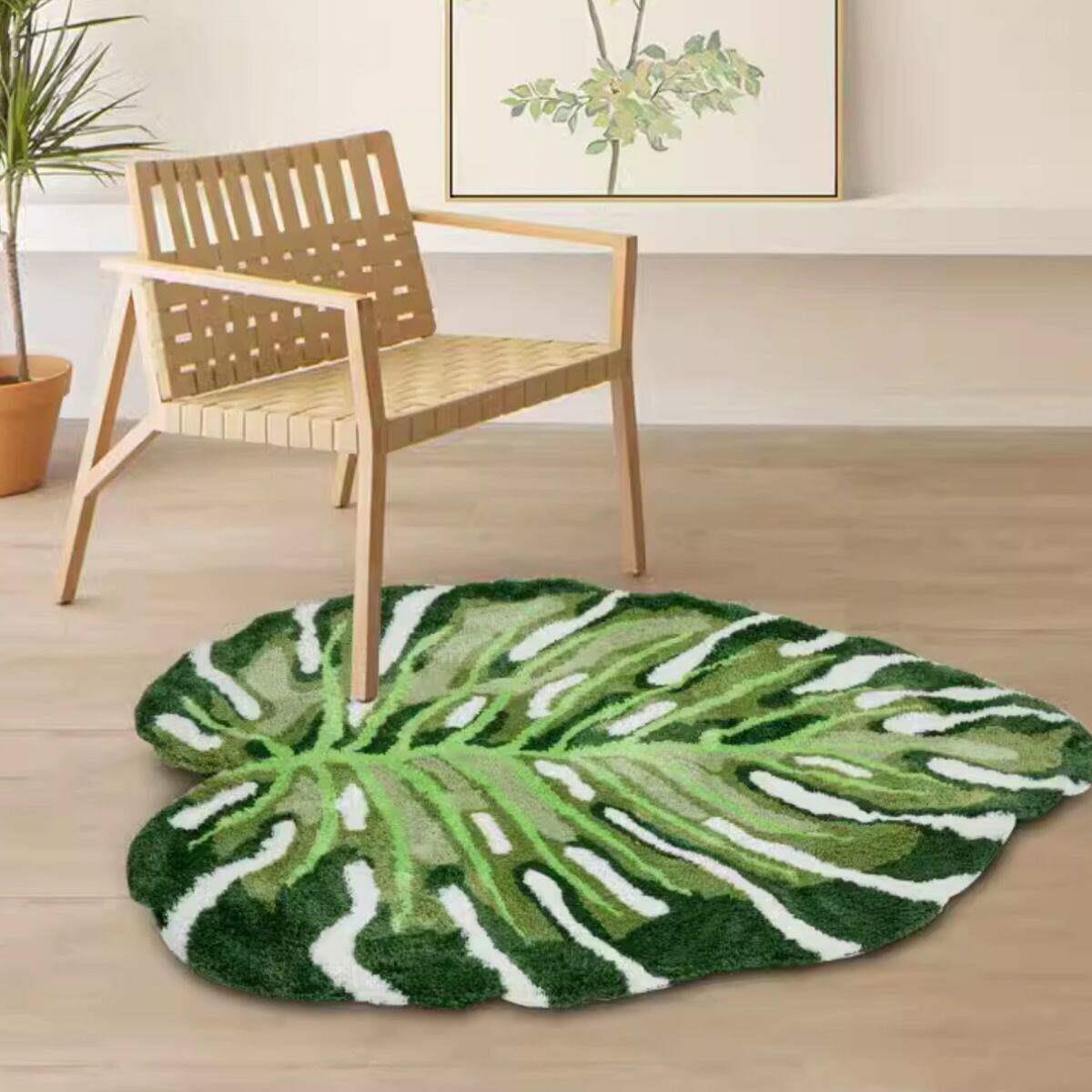 植物龟背芋地毯毛绒地垫不规则热带绿色叶子客厅脚垫茶几毯防滑垫