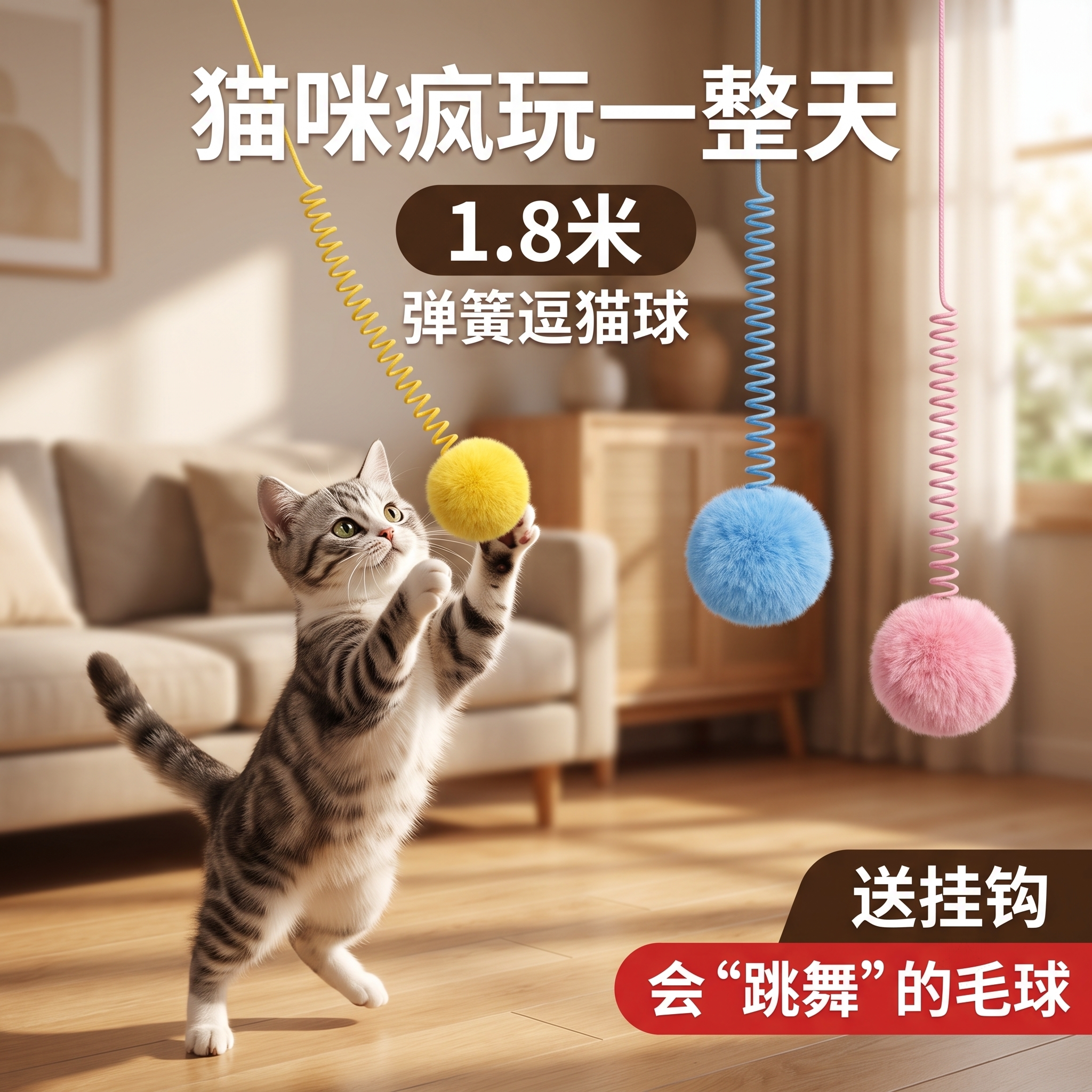 英国猫咪玩具挂门式兔毛球弹力绳图片