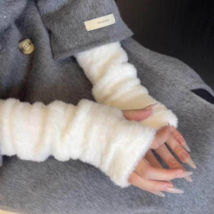 软糯毛绒半指手套女加绒保暖春秋袖套可爱仿兔毛日系长袖漏指手套