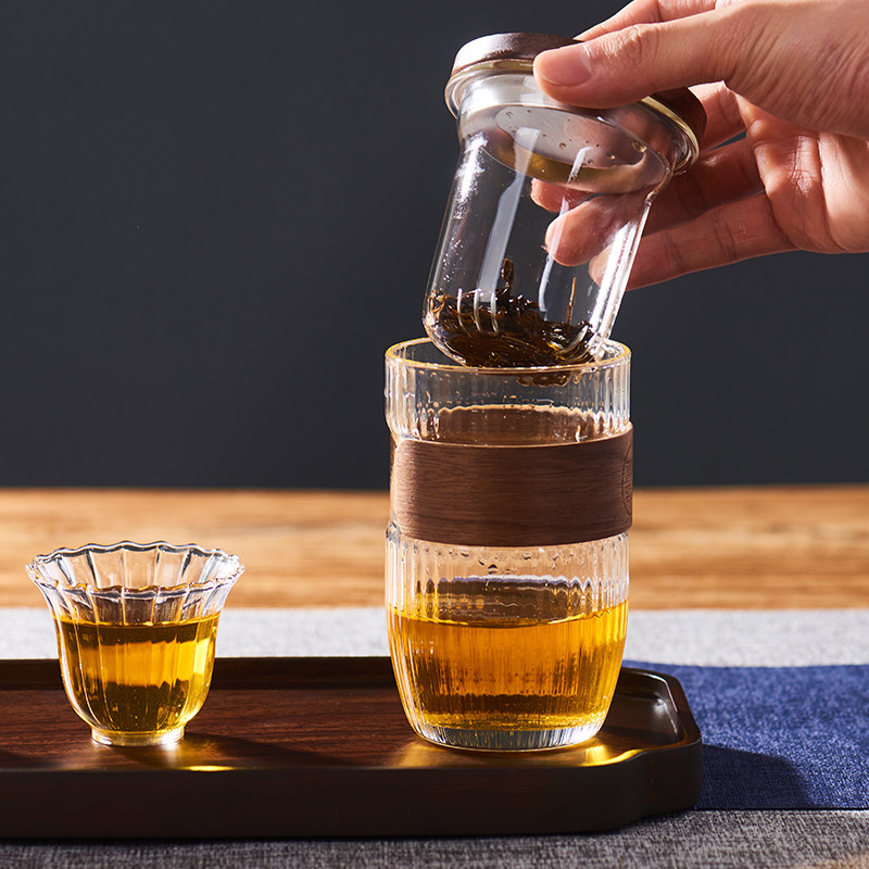 玻璃泡茶杯 办公室水杯 耐高温锤纹条纹花茶红茶木盖茶杯个人专用