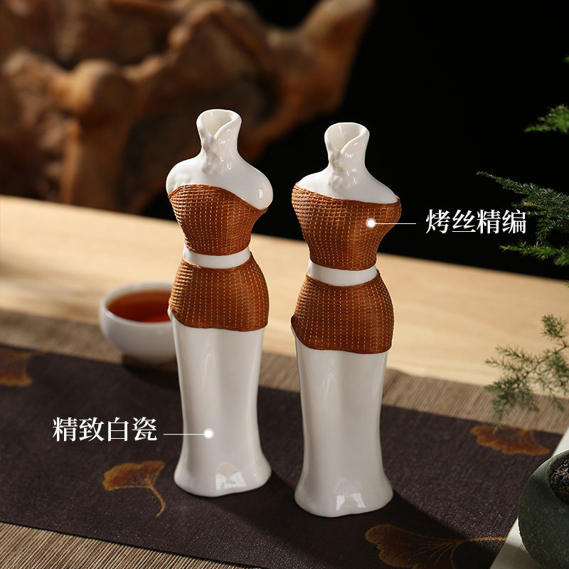 非遗竹丝扣瓷竹编茶室白瓷花瓶摆件茶室插花梅瓶茶桌台面摆件美学