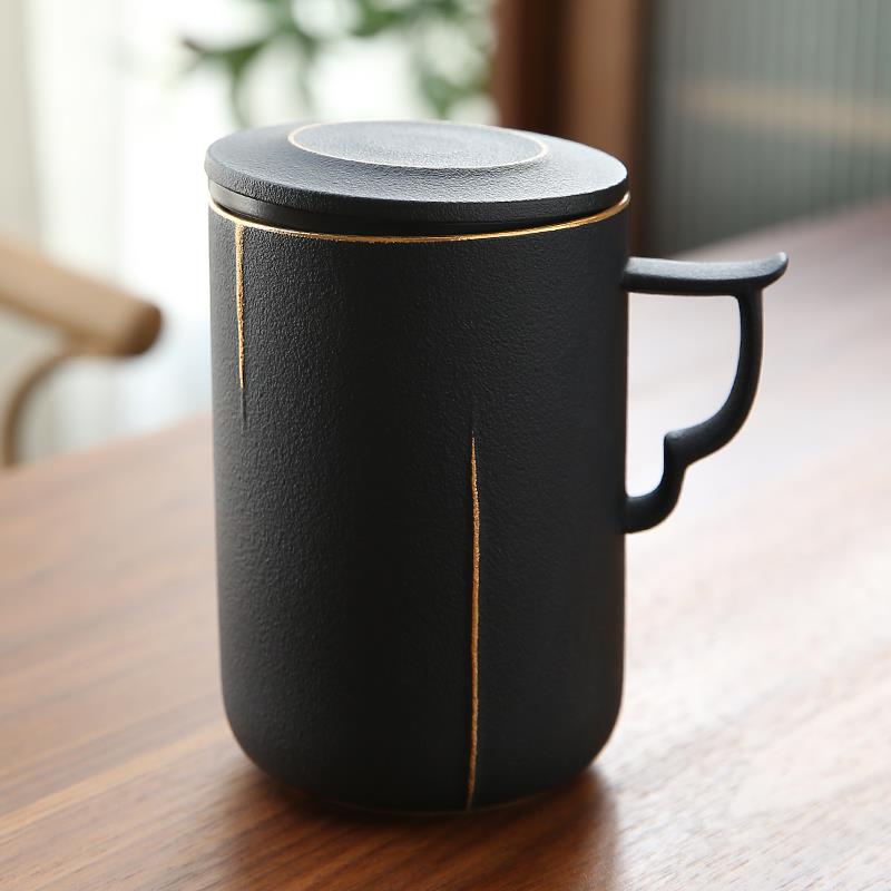 日式泡茶杯家用水杯创意个人马克杯子黑色办公茶水分离带盖陶瓷杯