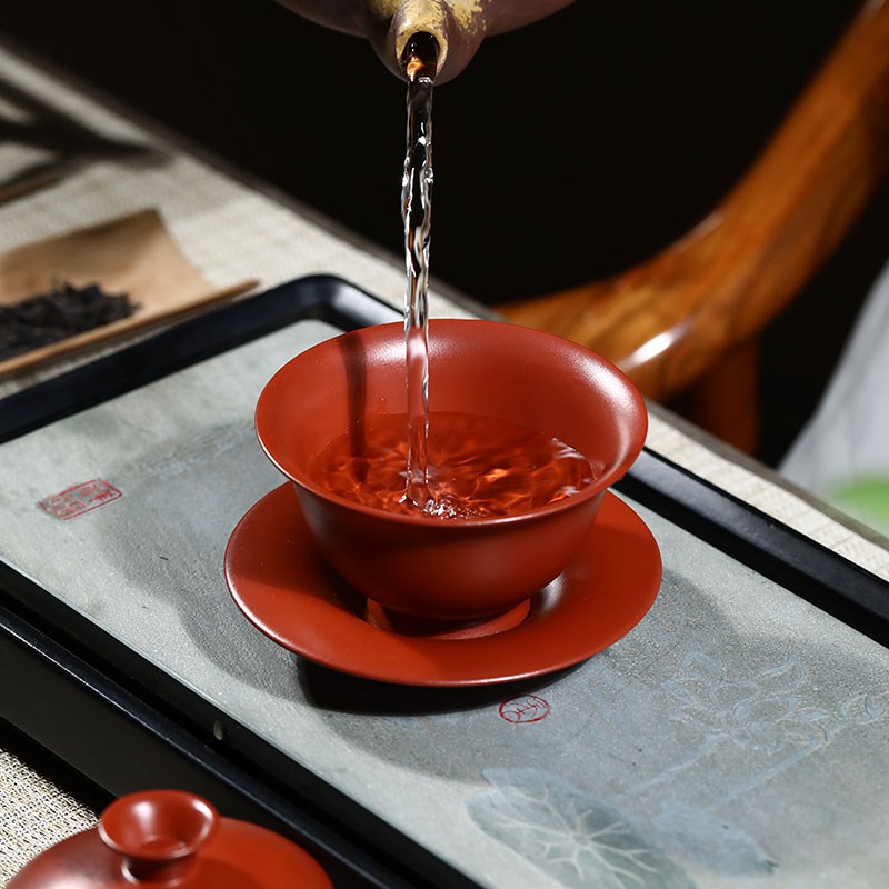 宜兴原矿大红袍紫砂三才杯盖碗单个茶碗带盖泡茶杯中式功夫茶具