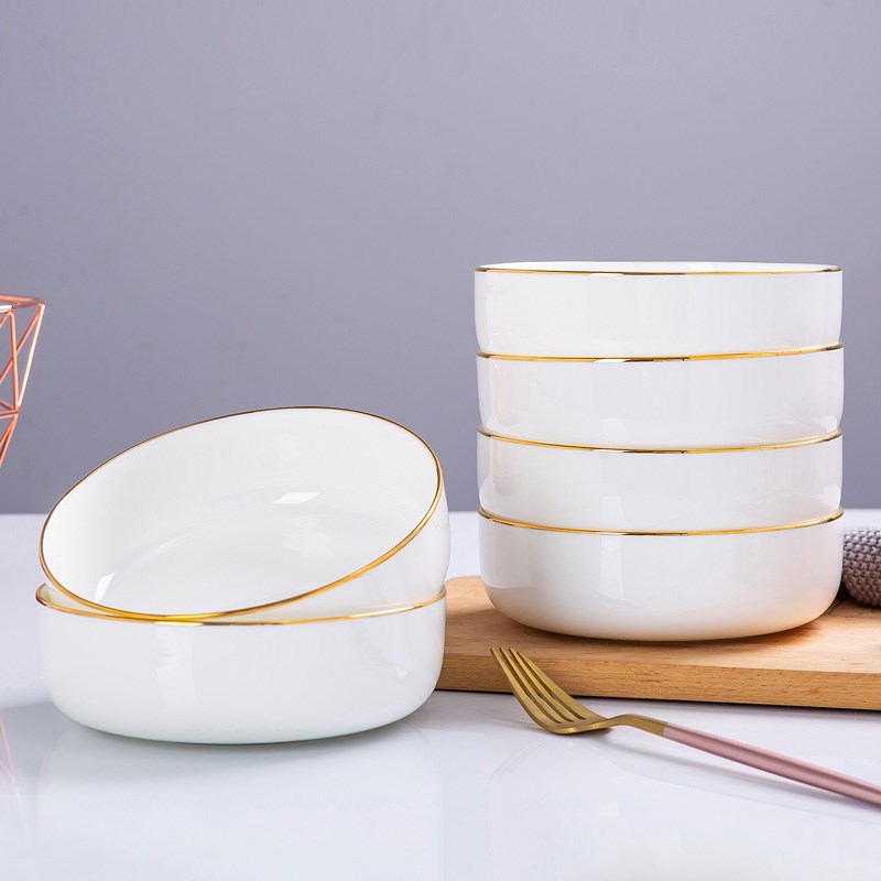 4只-6只装欧式金边盘子6英寸深窝盘白瓷盘简约家用饭盘骨瓷盘子
