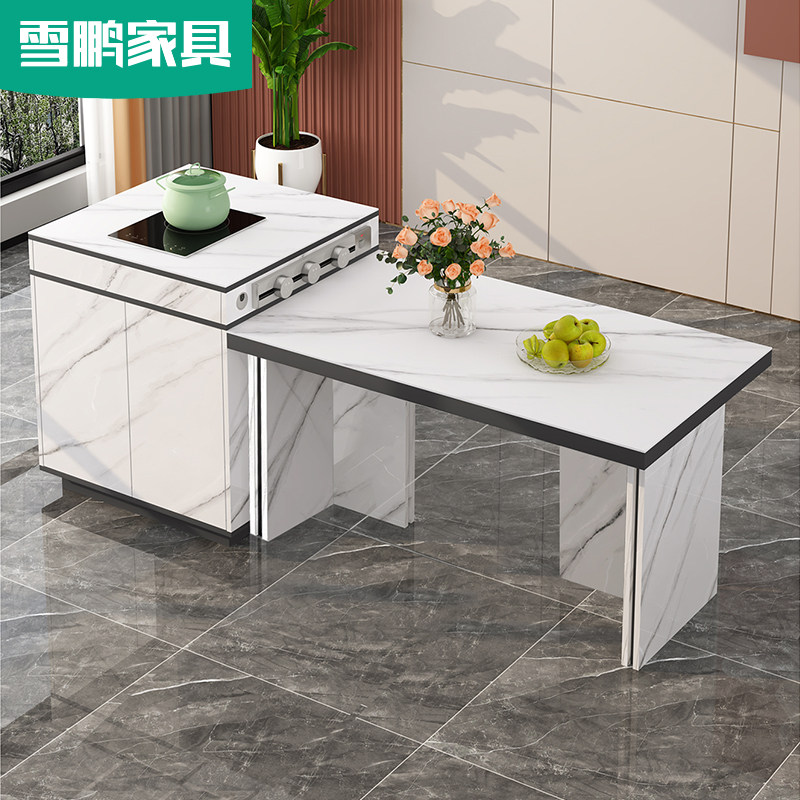 轻奢岩板多功能电磁炉中岛台分体可移动餐桌组合厨房茶桌吧台6E17