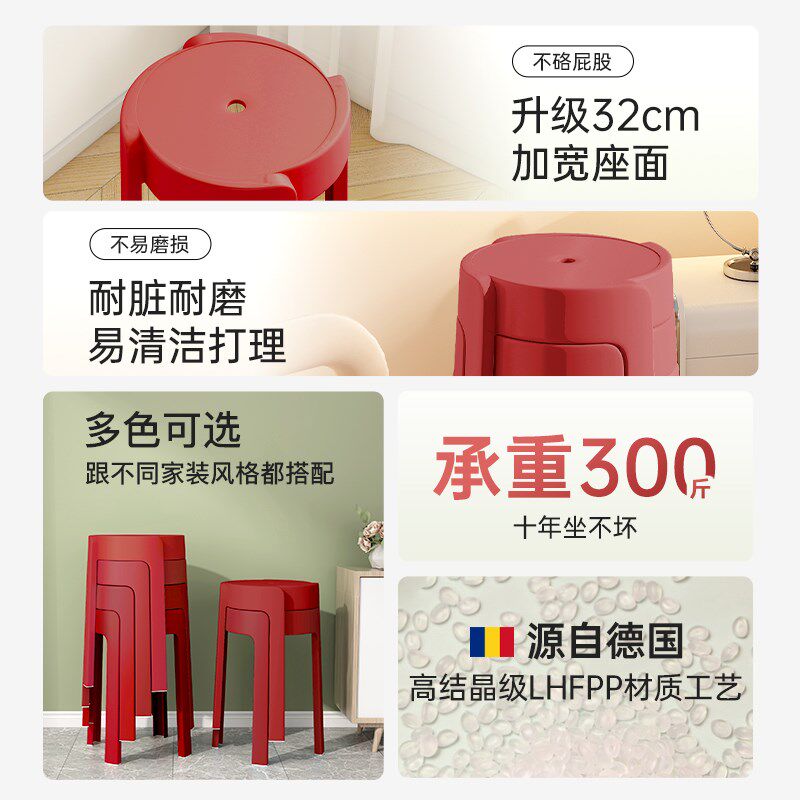 乔迁新居凳子红色塑料风车凳加厚家用餐桌可叠放结婚陪嫁婚礼椅子