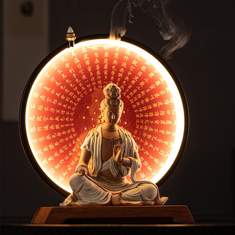 中式禅意紫砂工艺品观世音菩萨佛像灯圈摆件客厅桌面供奉家用装饰