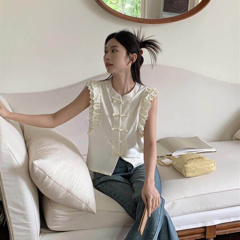 爱西里夏季新款新中式国风设计感花边盘扣针织百搭背心小衫上衣女