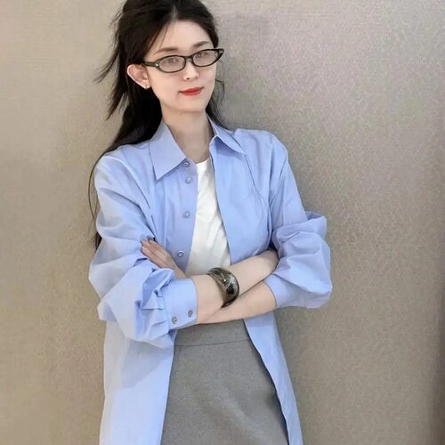 阿玛施26新款专柜正品女装服饰男友风宽松显瘦蓝色衬衫5300