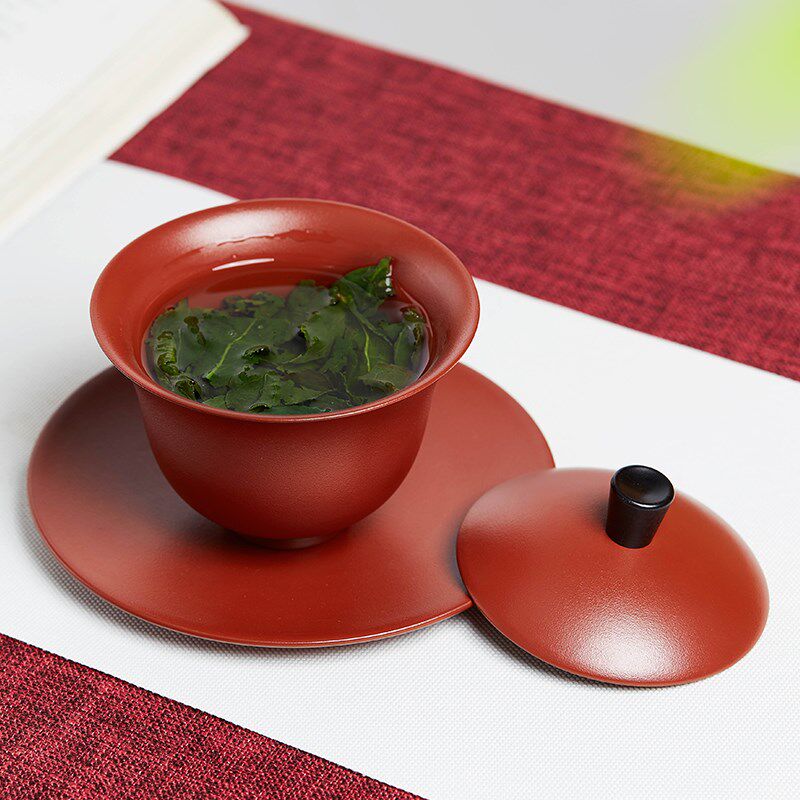紫砂盖碗单个泡茶碗三才碗带盖杯子高档功夫茶具家用大号中式茶杯