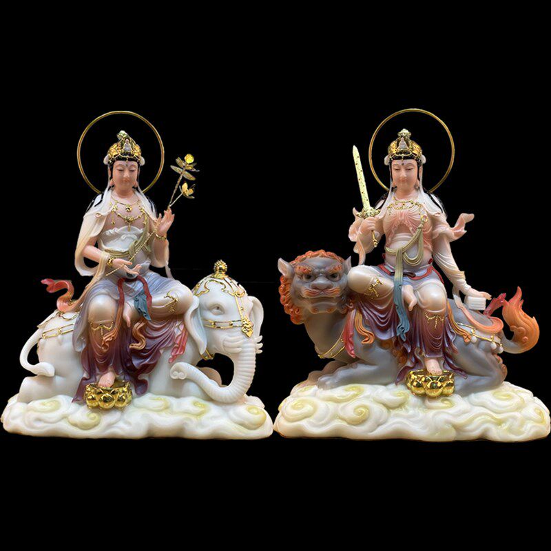 文殊普贤菩萨汉白玉材质佛像华严三圣家用摆件工艺品供奉神像佛像