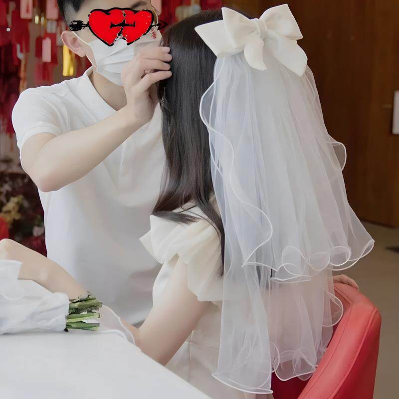 白鹿同款头纱领证女新娘蝴蝶结婚拍照道具求婚领证登记小头纱短款